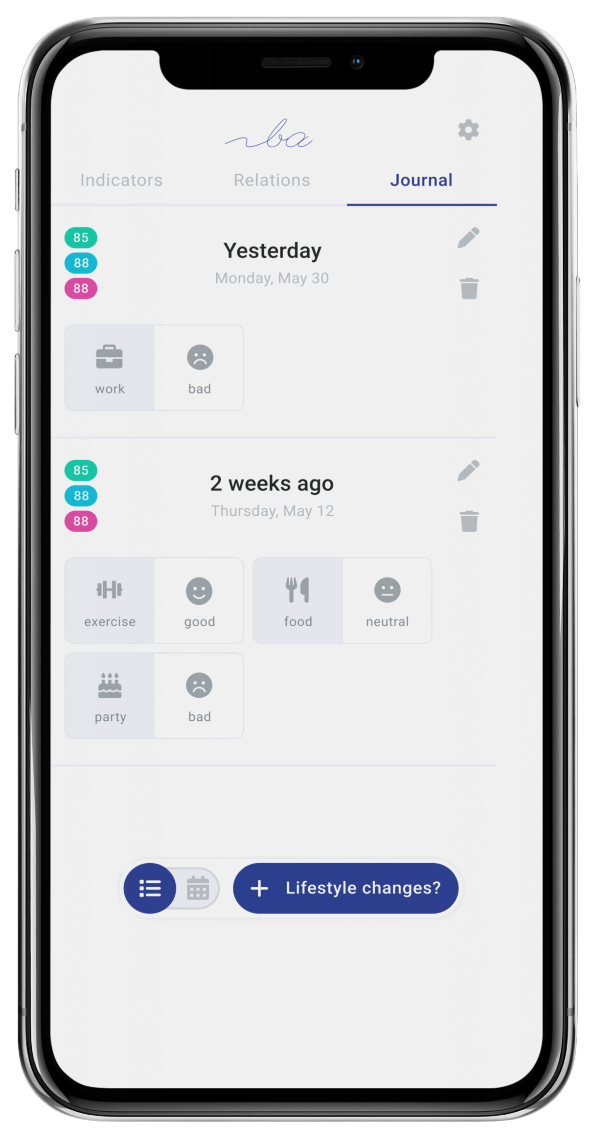 App screen showing a journal entry